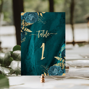 Elegant Teal Blue Gold Floral Wedding Table Number