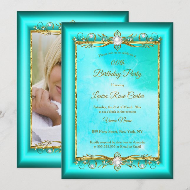 Elegant teal blue Gold photo Birthday Party Invitation (Front/Back)