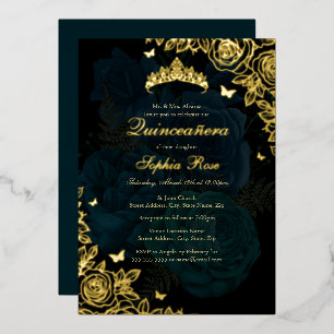 Elegant Teal Blue Gold Rose Quinceanera
