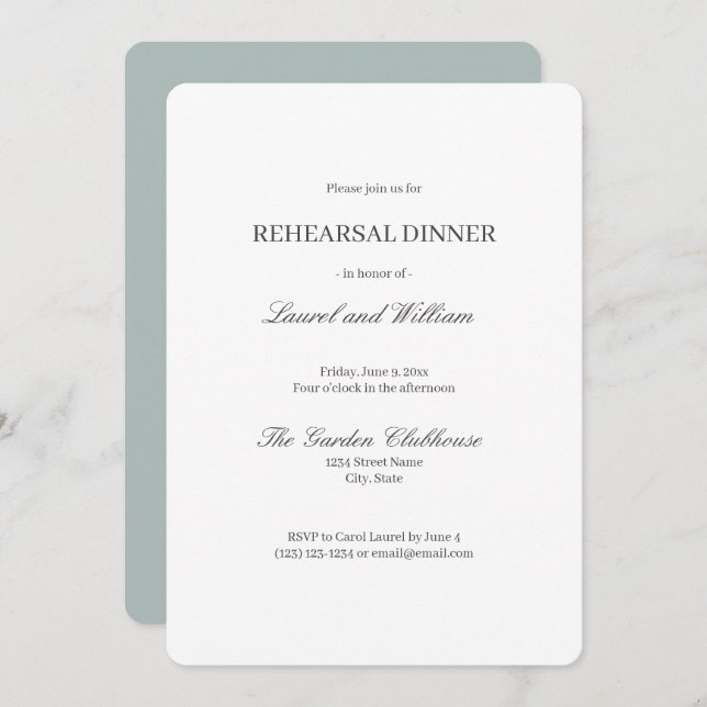 Elegant Teal Blue Grey Rehearsal Dinner Invitation (Front/Back)