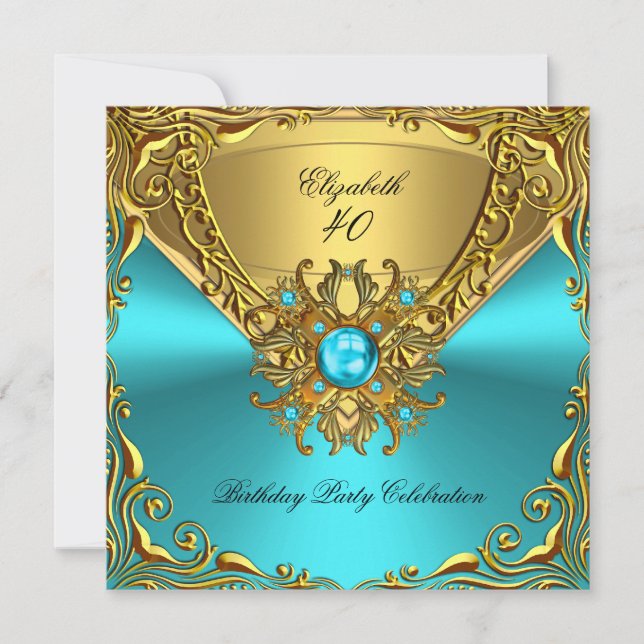 Elegant Teal Blue Jewel Gold Birthday Party Invitation (Front)
