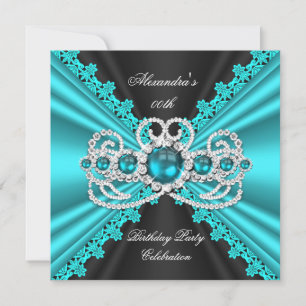 Elegant Teal Blue Lace Black Diamond Birthday Invitation