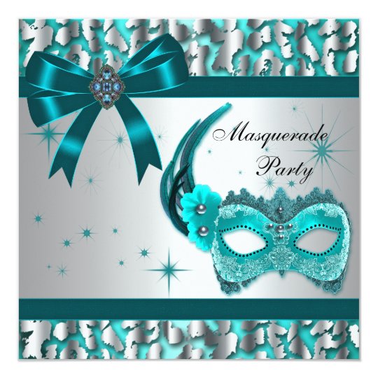 Elegant Teal Blue Leopard Masquerade Party Card