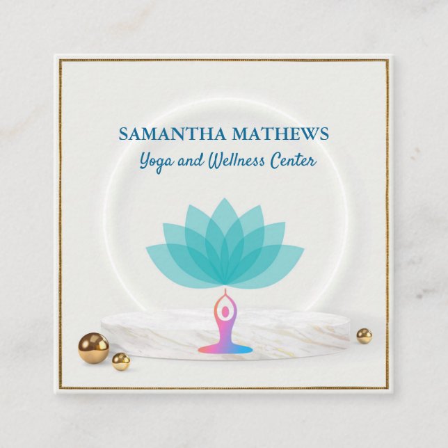 ELEGANT TEAL BLUE LOTUS YOGA MEDITATION WELLNESS SQUARE BUSINESS CARD (Front)