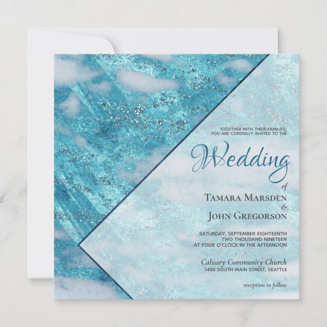 Elegant Teal Blue Marble Glitter Geometric Wedding Invitation (Front)