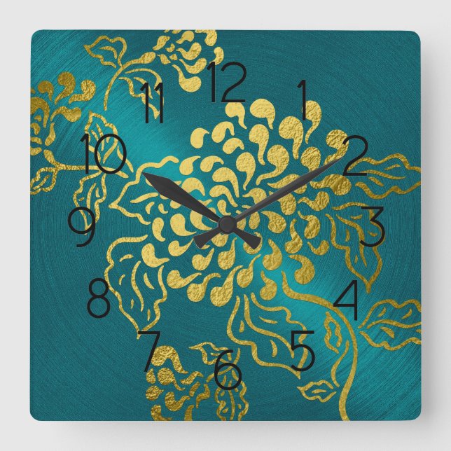 Elegant Teal Blue Metal Sheen Gold Chrysanthemum Square Wall Clock (Front)