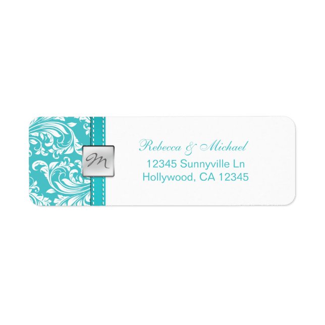 Elegant Teal Blue Monogram Address Labels (Front)