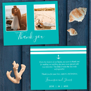 Elegant Teal Blue Nautical Anchor Wedding Photo Thank You Card