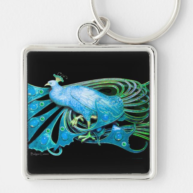 ELEGANT TEAL BLUE PEACOCK IN BLACK KEY RING (Front)
