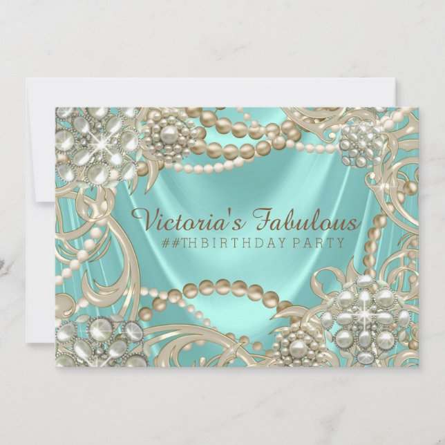 Elegant Teal Blue Pearl Birthday Party Invitation (Front)