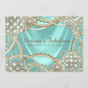 Elegant Teal Blue Pearl Birthday Party Invitation