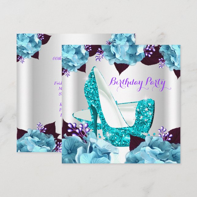 Elegant Teal Blue Purple Hi Heels Birthday Party 2 Invitation (Front/Back)