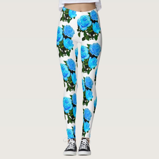 Elegant teal blue roses blue floral blue flowers leggings (Front)