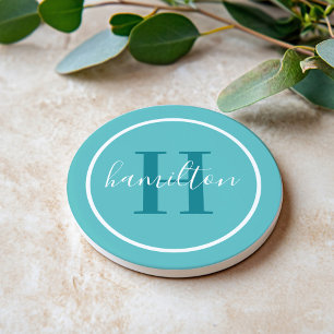 Elegant Teal Blue Round Monogram Script Coaster