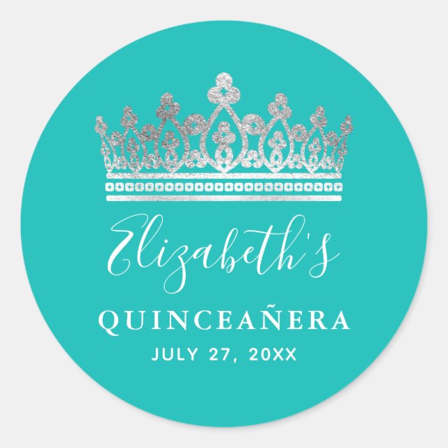 Elegant Teal Blue Silver Crown Quinceanera Name Classic Round Sticker (Front)