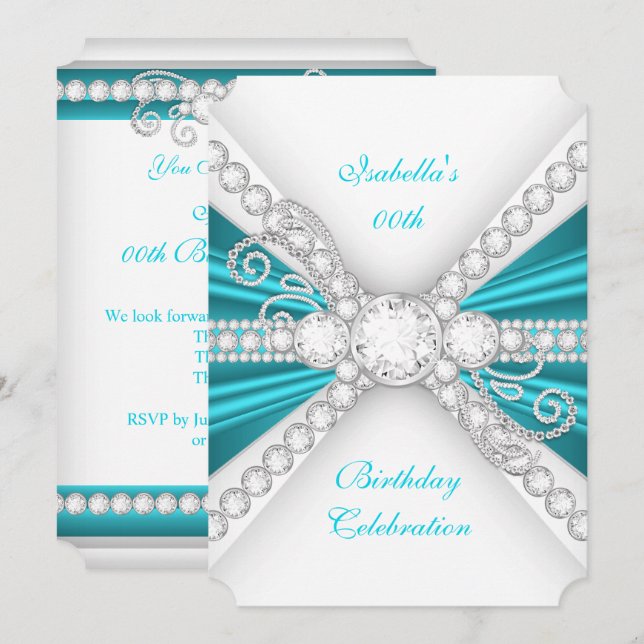 Elegant Teal Blue Silver Diamond Birthday Party 2 Invitation (Front/Back)