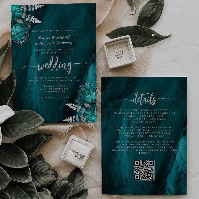 Elegant Teal Blue Silver Floral QR Code Wedding Invitation (Creator Uploaded)