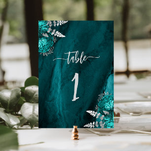 Elegant Teal Blue Silver Floral Wedding Table Number