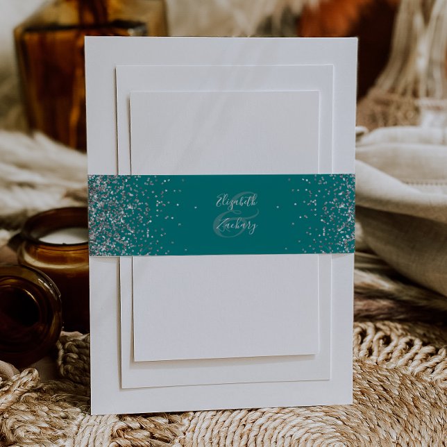 Elegant Teal Blue Silver Glitter Wedding Invitation Belly Band (Creator Uploaded)