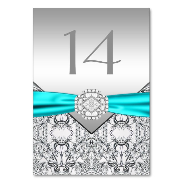Elegant Teal Blue Silver Wedding Table Number (Front)