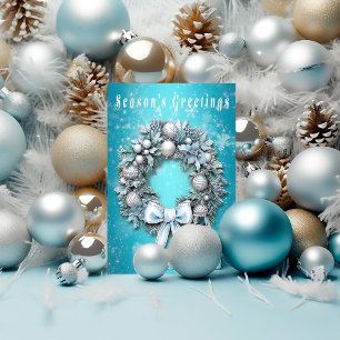 Elegant Teal Blue & Silver Wreath Christmas  Foil Holiday Card