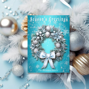Elegant Teal Blue & Silver Wreath Christmas  Holiday Postcard