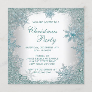 Elegant Teal Blue Snowflake Christmas Party Invitation