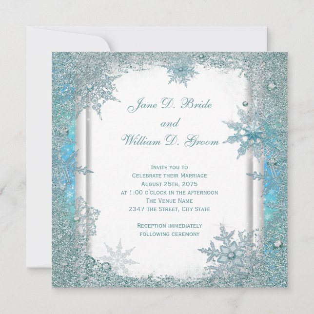 Elegant Teal Blue Snowflake Wedding Invitation (Front)