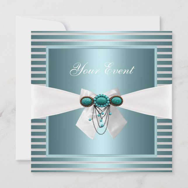 Elegant Teal Blue Stripe White Bow Jewel Invitation (Front)