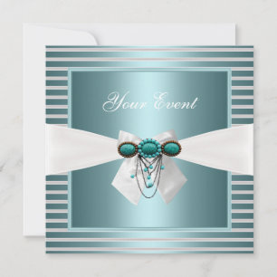 Elegant Teal Blue Stripe White Bow Jewel Invitation