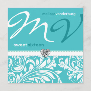 Elegant Teal blue Sweet Sixteen Birthday Invites