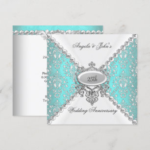 Elegant Teal Blue White 25th Wedding Anniversary Invitation