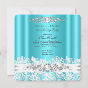 Elegant Teal Blue White Lace Jewel Bow Birthday 2 Invitation