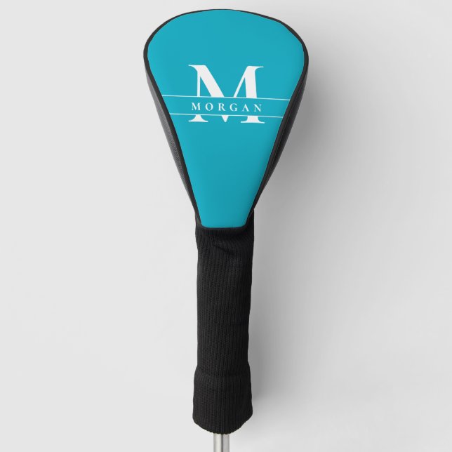 Elegant Teal Blue White Monogram Name personalized Golf Head Cover (Front)