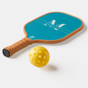 Elegant Teal Blue White Monogram Name personalized Pickleball Paddle