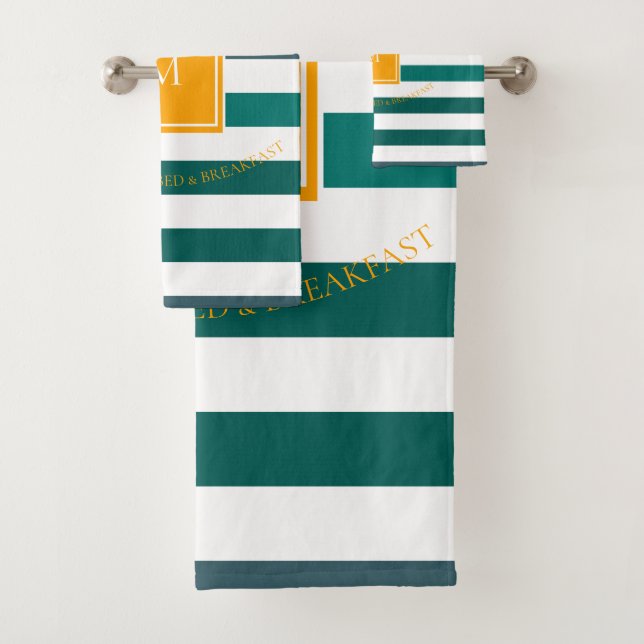 Elegant Teal Blues White Striped Monogram B & B Bath Towel Set (Insitu)