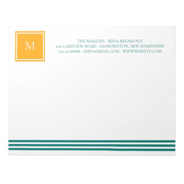 Elegant Teal Blues White Striped Monogram B & B Notepad (Front)
