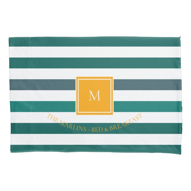 Elegant Teal Blues White Striped Monogram B & B Pillowcase (Front)