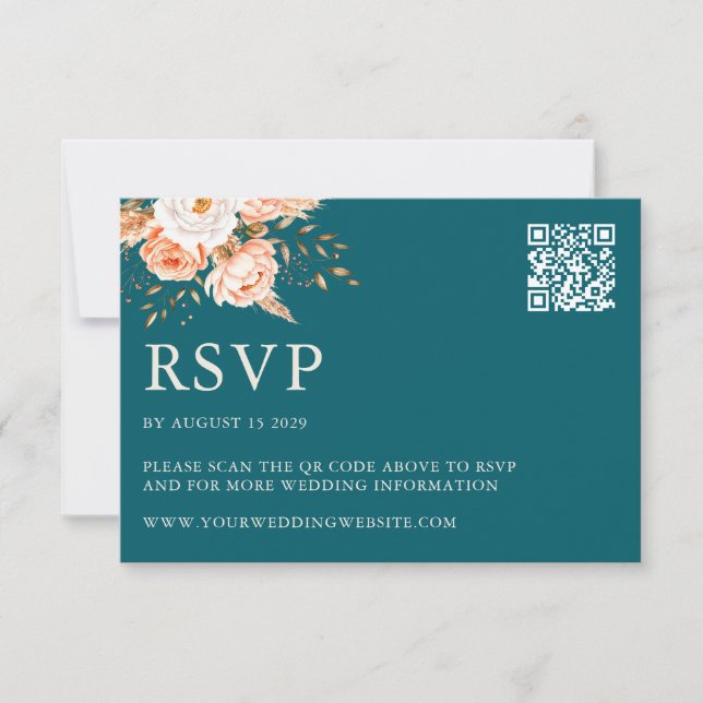 Elegant Teal Boho Chic Fall Floral Wedding RSVP Card (Front)