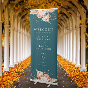 Elegant Teal Boho Chic Fall Floral Wedding Welcome Retractable Banner