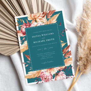 Elegant Teal Boho Chic Floral Wedding Invitation