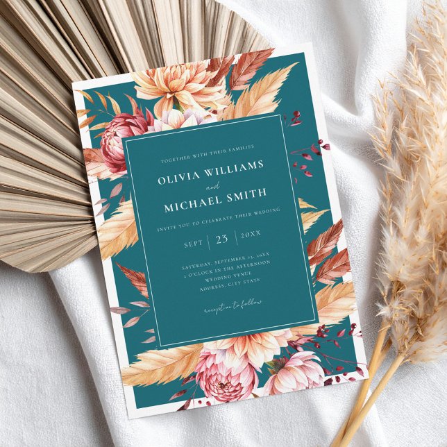 Elegant Teal Boho Chic Floral Wedding Invitation (Creator Uploaded)