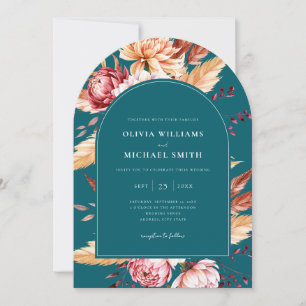Elegant Teal Boho Chic Floral Wedding Invitation