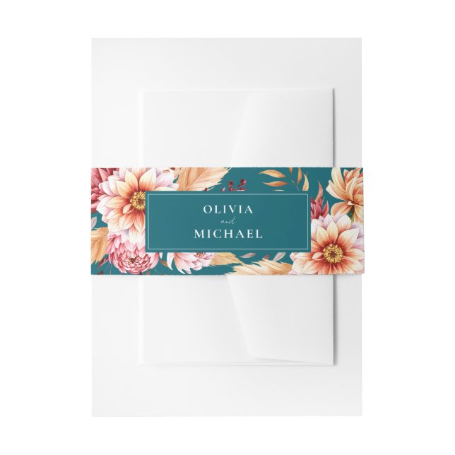 Elegant Teal Boho Chic Floral Wedding Invitation Belly Band (Front Example)
