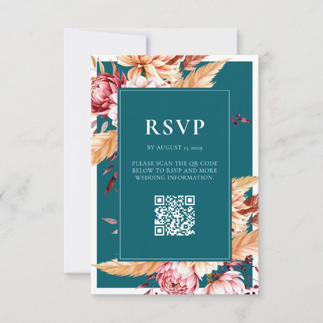 Elegant Teal Boho Chic Floral Wedding RSVP Card (Front)
