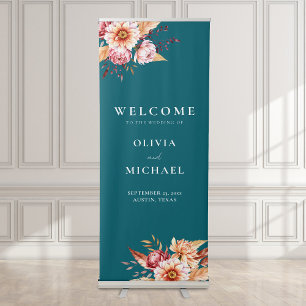 Elegant Teal Boho Chic Floral Wedding Welcome Retractable Banner