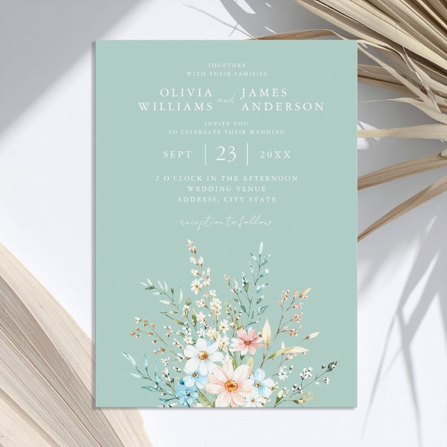 Elegant Teal Boho Chic Wildflower Floral Wedding  Invitation (Creator Uploaded)