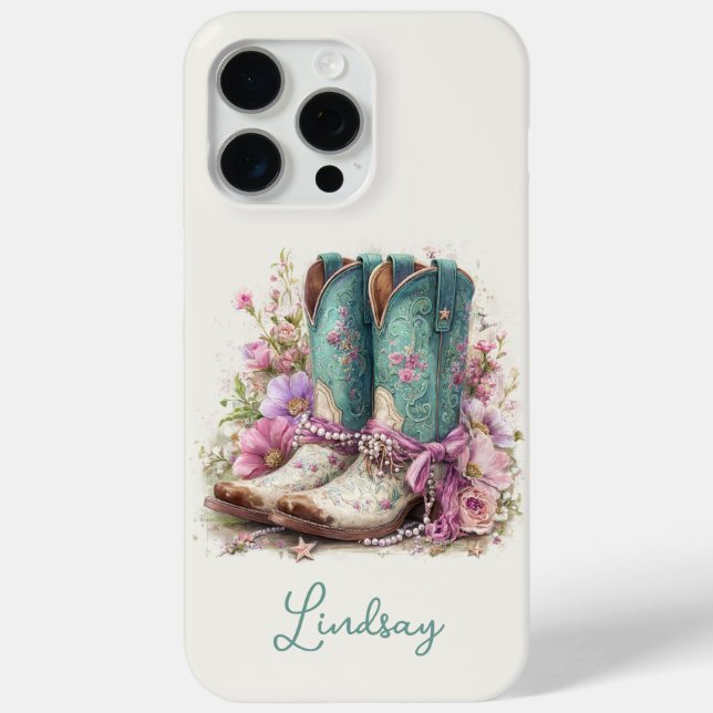Elegant Teal Boots with Flowers Monogrammed Case-Mate iPhone Case (Back)