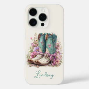 Elegant Teal Boots with Flowers Monogrammed iPhone 16 Pro Case