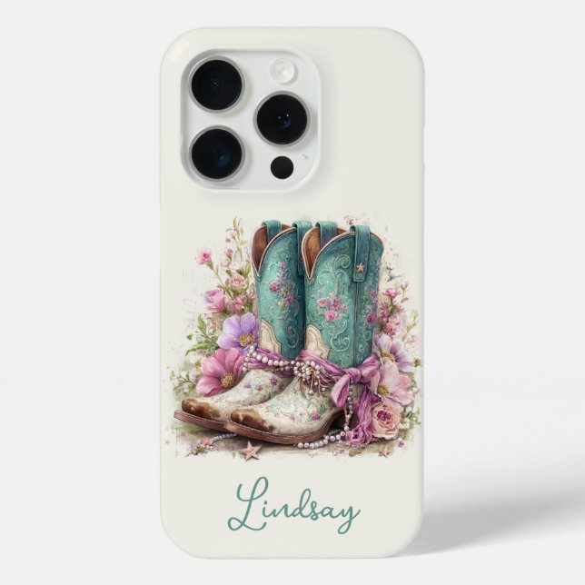 Elegant Teal Boots with Flowers Monogrammed Case-Mate iPhone Case (Back)